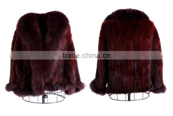 CX-B-M-41C Mink Fur Knitted Ladies Shawl With Fox Fur Trim