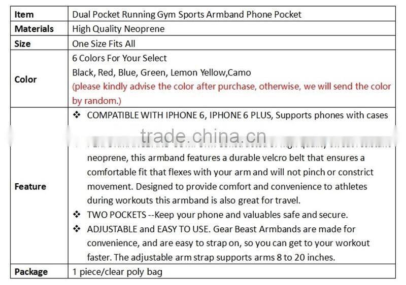 Dual Pocket Running Gym Sports Armband with Large Secure Zippered Phone Pocket~6 Colors Available~Accept Custom