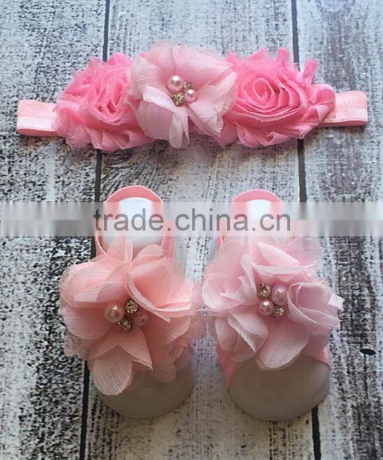 Fashionable Baby Girl Clothing Set Pink Flower Headband And Barefoot Sandal Set For Infant Fancy Kids Wear NP-G-CS905-29