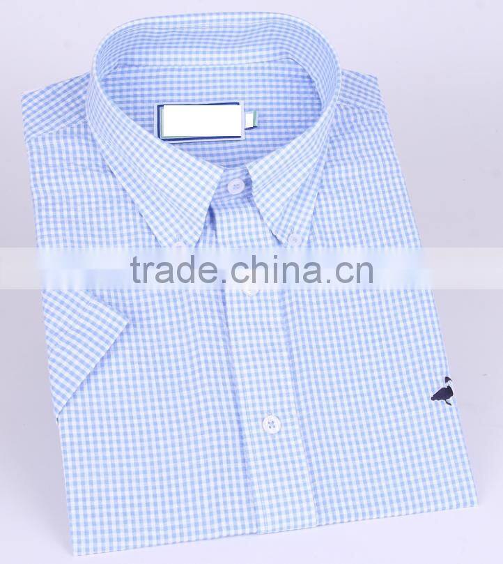 2017 new light blue checks men's short sleeve shirt wholesale