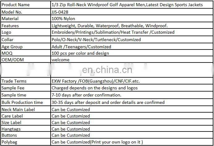 1/3 Zip Roll-Neck Windproof Golf Apparel Men,Latest Design Sports Jackets
