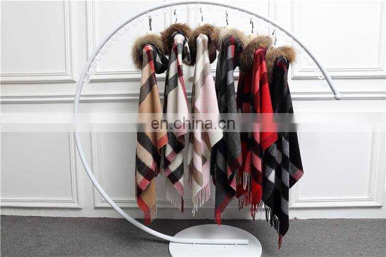 Fashion Women Real Raccoon Fur Hood Shawl Wool Cashmere Scarves Shawls