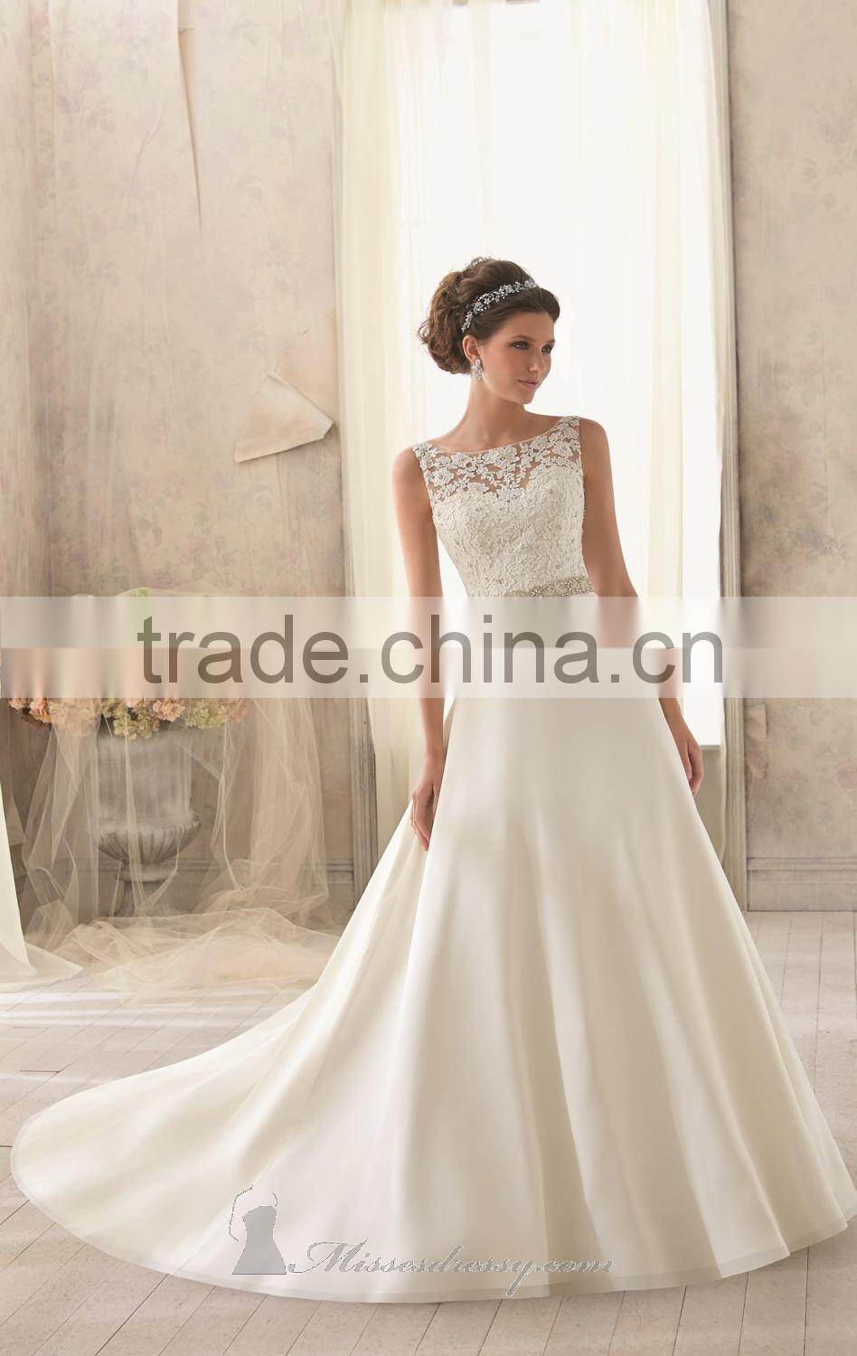Elegant Bateau Neckline Sleeveless with Lace Applique Beads Natural Waistline Sexy Open Back Wedding Dresses