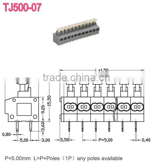 PCB Spring terminal blocks 5.00mm pitch single row pin header TJ500-07