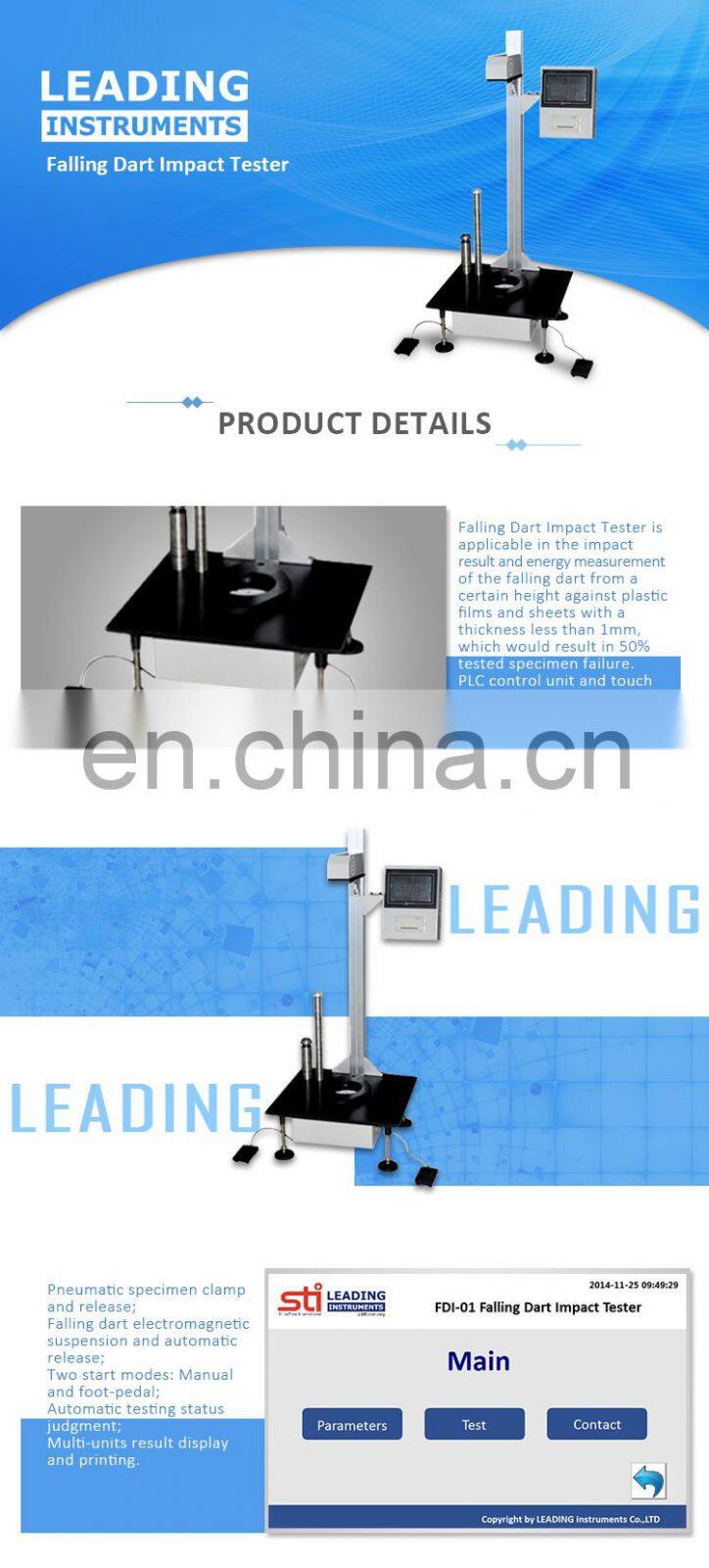 Plastic films and sheets falling dart impact tester high quality testing equipment