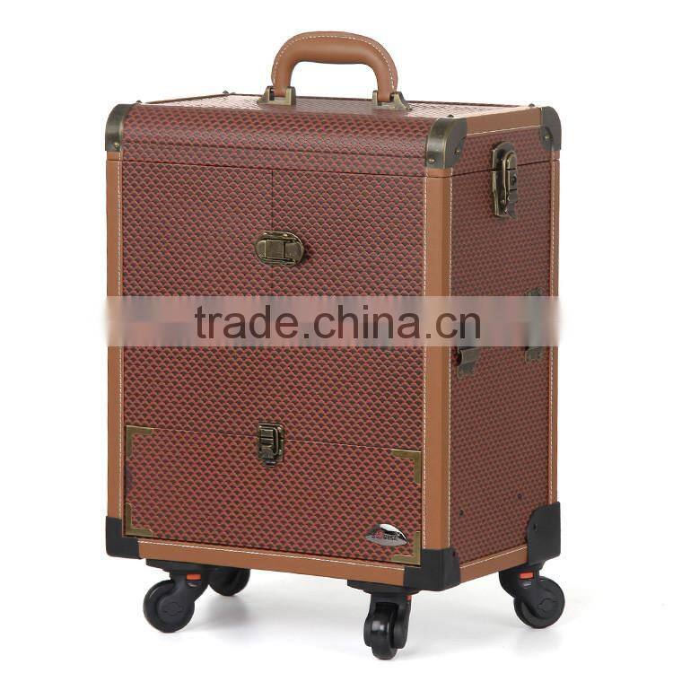 2016 newest design pvc beauty cosmetic makeup trolley case with mirror for beauty salon