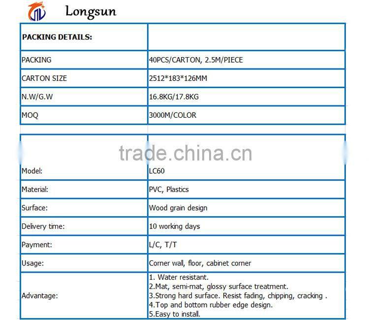 China supplier imitation wood grain flooring trim pvc skirting board