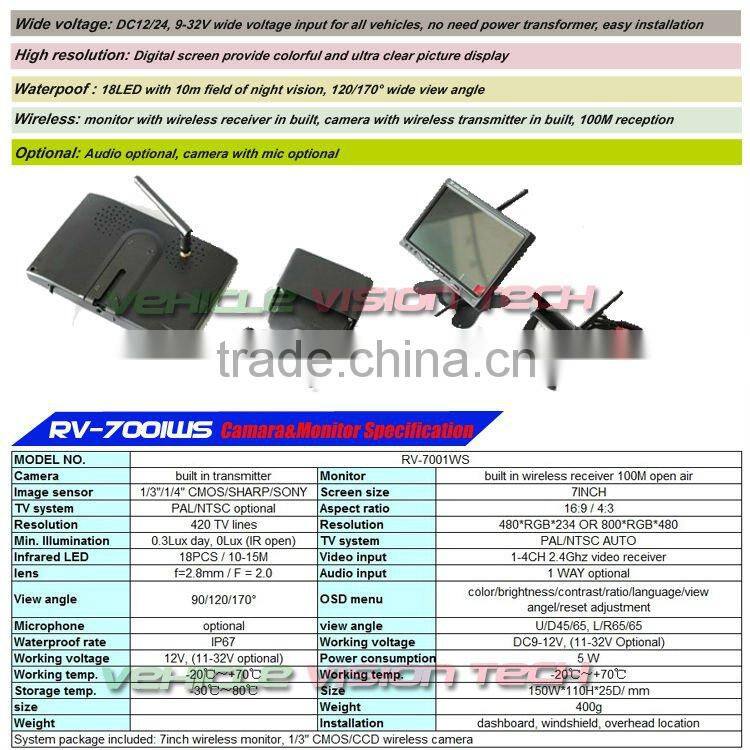 7inch analog wireless car camera system with 4CH display switch & CMOS/CCD camera