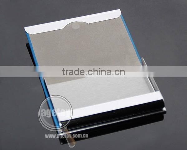 High Quality Box Packing Lichee Pattern Blue Leather Flannelette Lining Stainless Steel Metal Novelty Leather Credit Card Holder