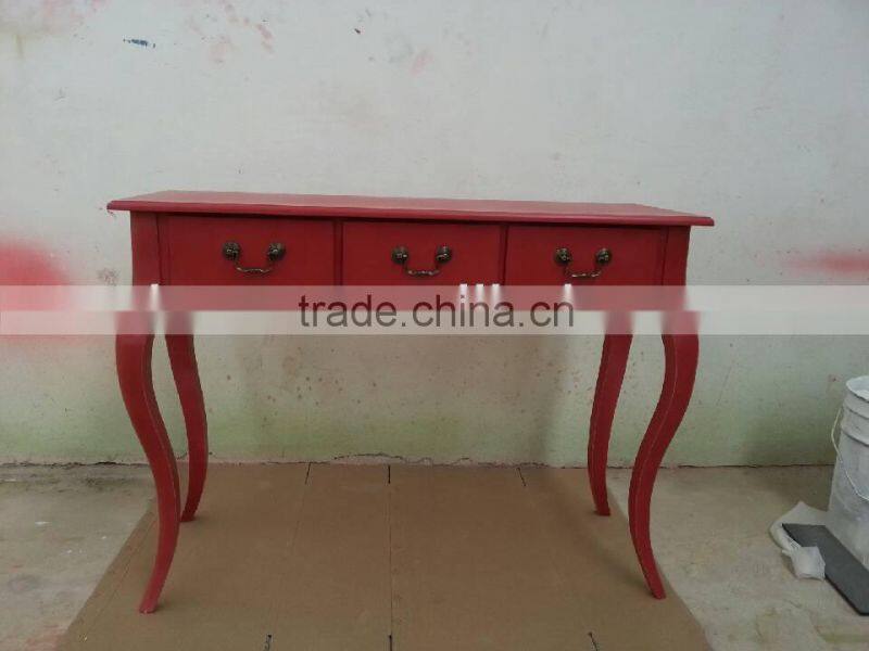Shabby chic wooden red dining room table with 3 drawers