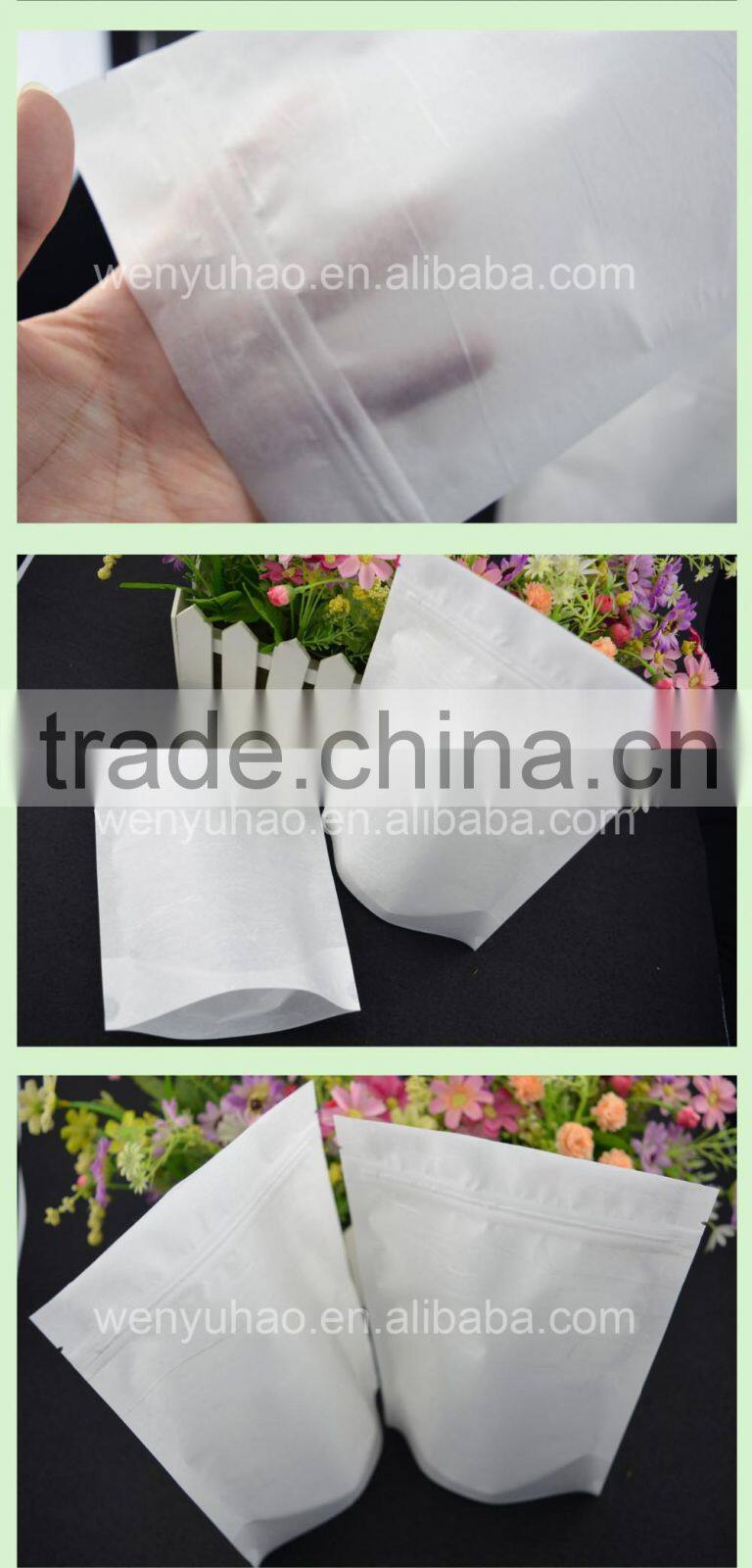 Pe Inside Resealable Food Storage Stand up Zipper Snack white Paper Packaging Bags with Tear Notch