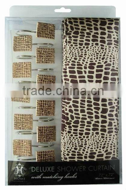 model style polyester shower curtain bathroom curtain matching with 12pcs poly resin hooks