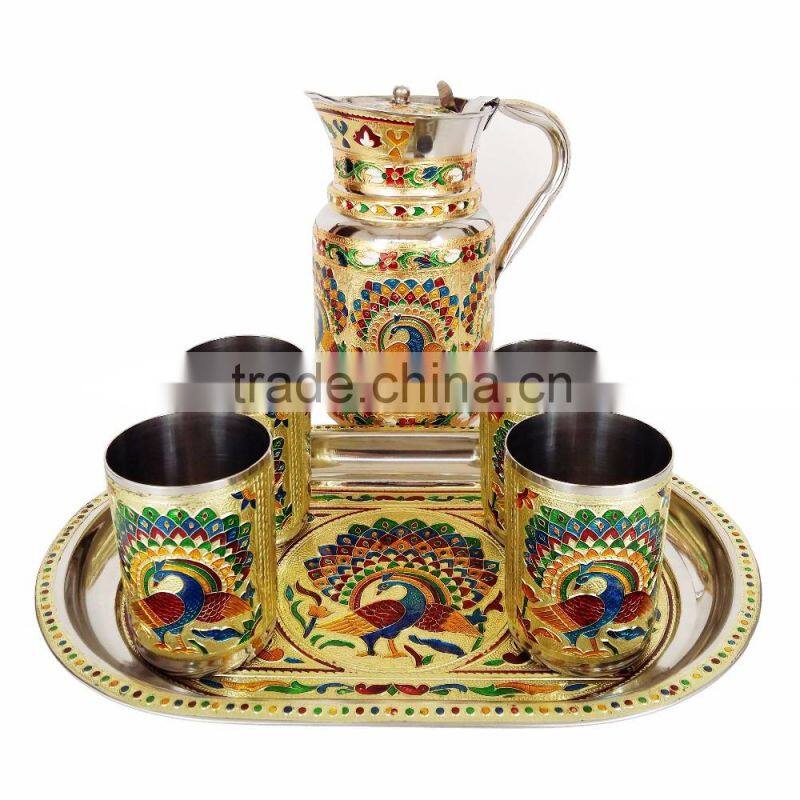 ROYAL PEACOCK Designed MEENAKARI Decorated Stainless Steel JUG/POT with matching TRAY & 6-GLASSES - G.M.