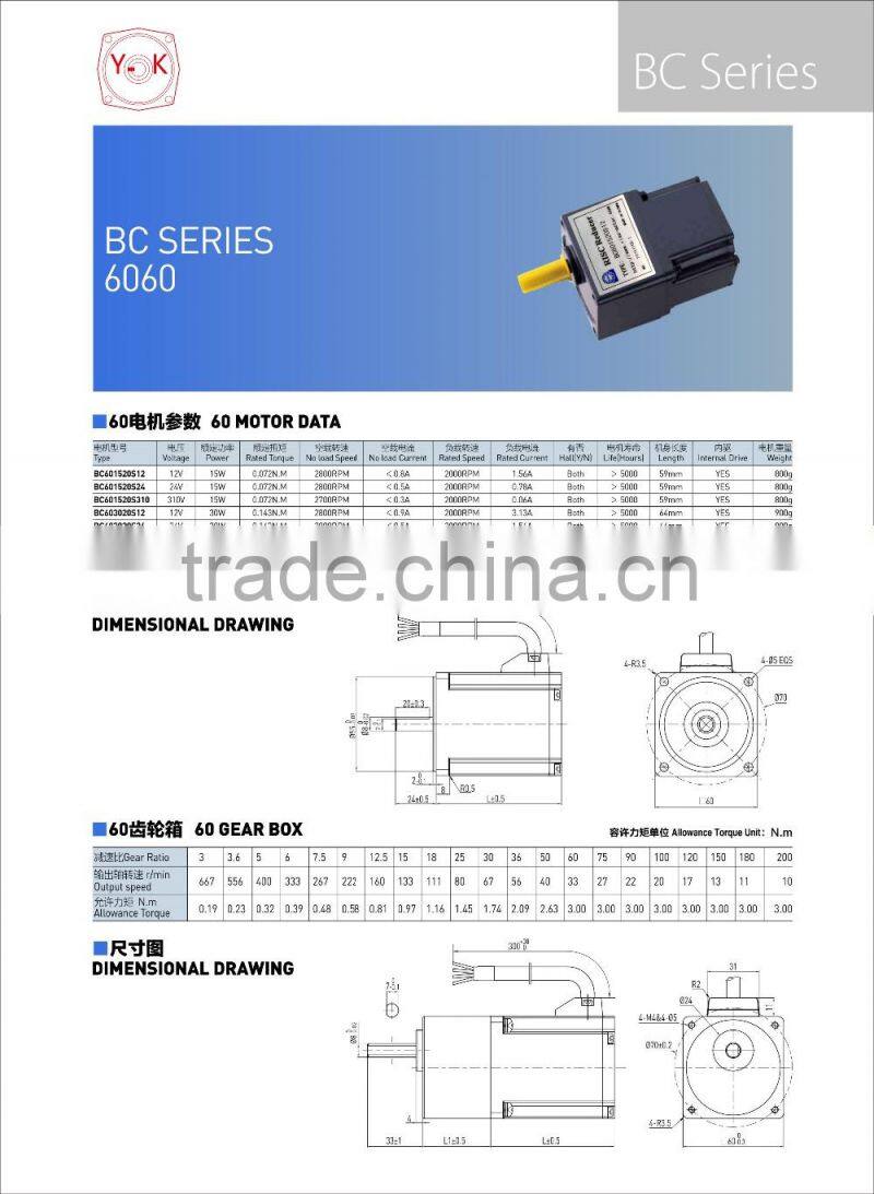 brushless dc motor 12V/24V/48V/310V 15W/30W/60W with long lift