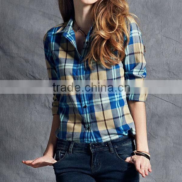 Women europe style long sleeve yarn dyed designer check shirts wholesale