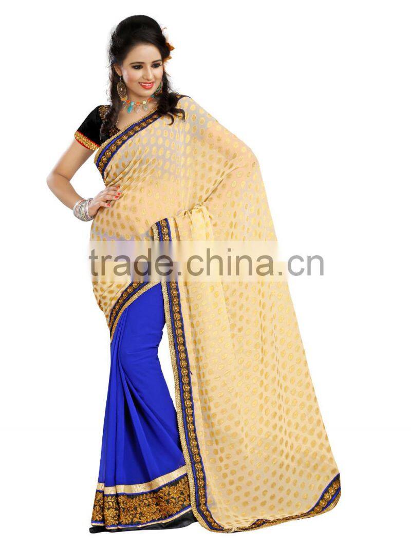 Beaige and blue color weightless embroidery saree