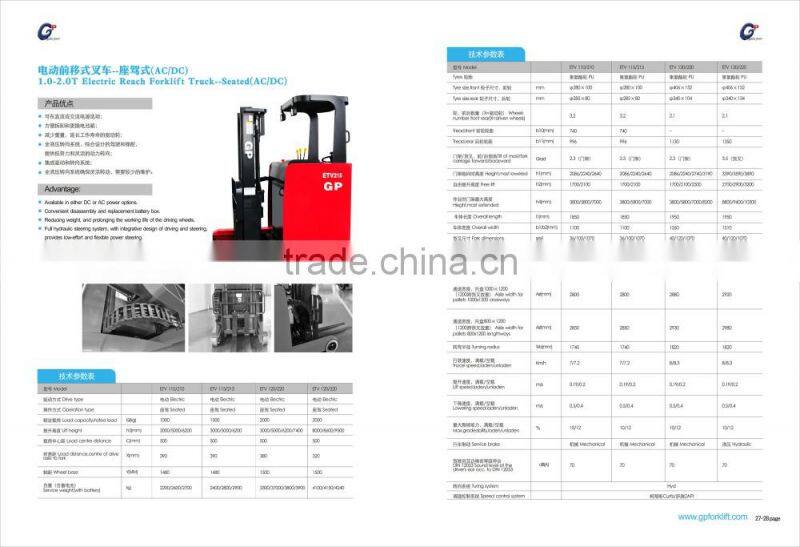 1 Ton electric reach forklift truck seated operation type with 2-stage mast and UAS CURTIS controller