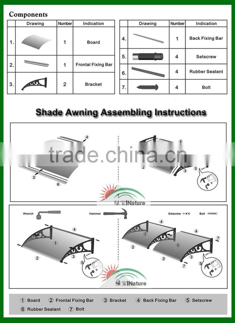 Polycarbonate awning/Canopy of door Window awning with Pc solid sheet Balcony canopy with pc sun panels
