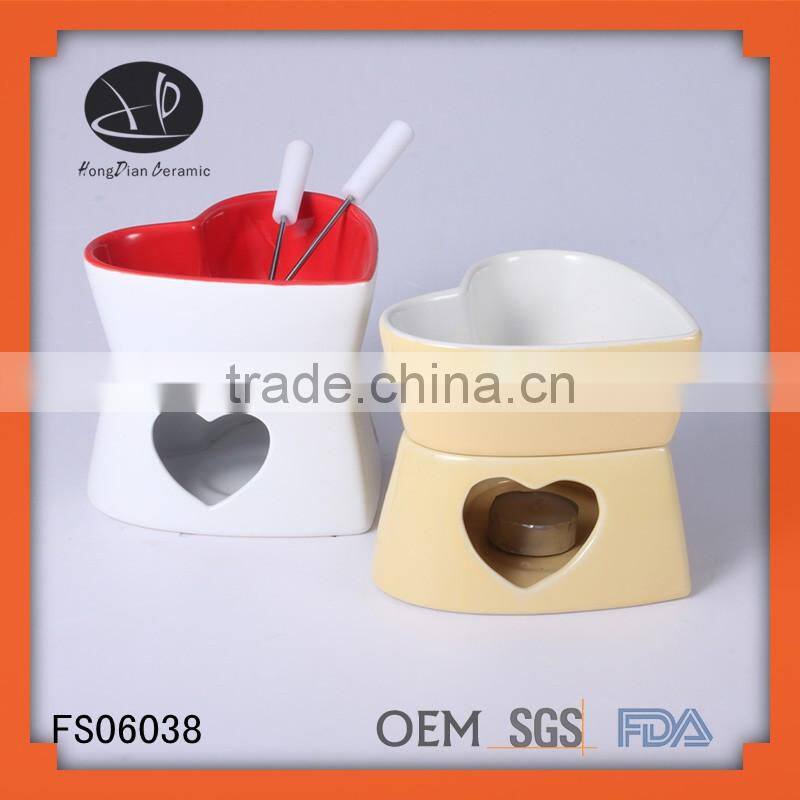 matt heart shaped ceramic chocolate fondue set,color glazed ceramic fondue pot with forks,OEM logo chocolate fondue set