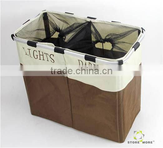 Double Basket Folding Collapsible Laundry Basket With Oxford Fabric, Brown