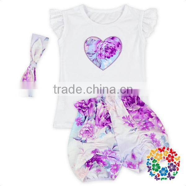 boutique summer baby girls purple floral heart flutter sleeve shirt shorts matching clothing set