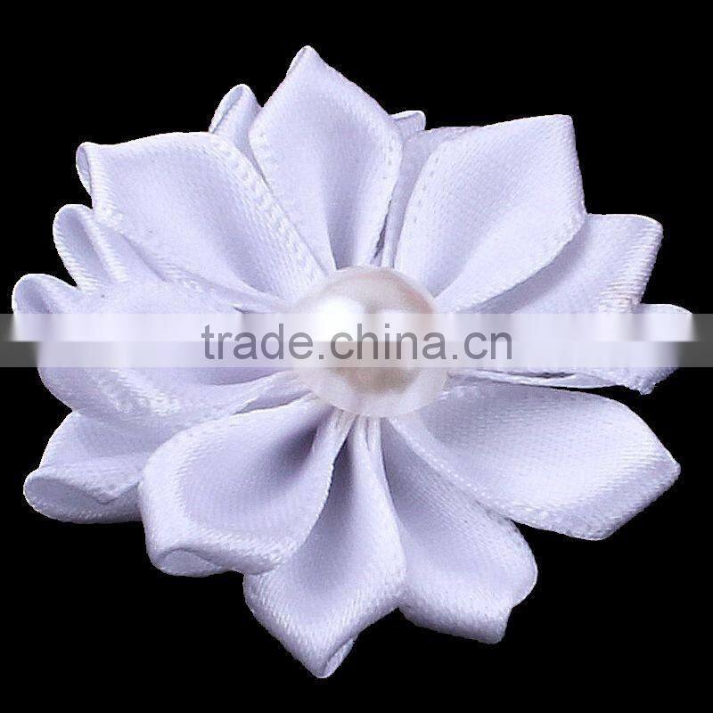 satin ribbon flower with pearl bead center for kids hair accessories