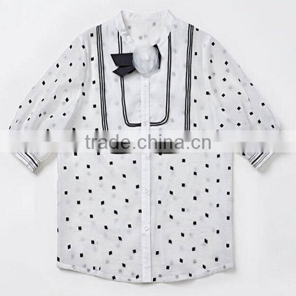 High quality organza fashion design lady blouse,Half sleeve fashion blouse,O-neck with dot printing fashion blouse collar