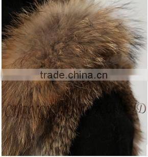 CX-G-B-216 New Style Short Raccoon Fur Trim Knitted Rabbit Fur Coat Hood
