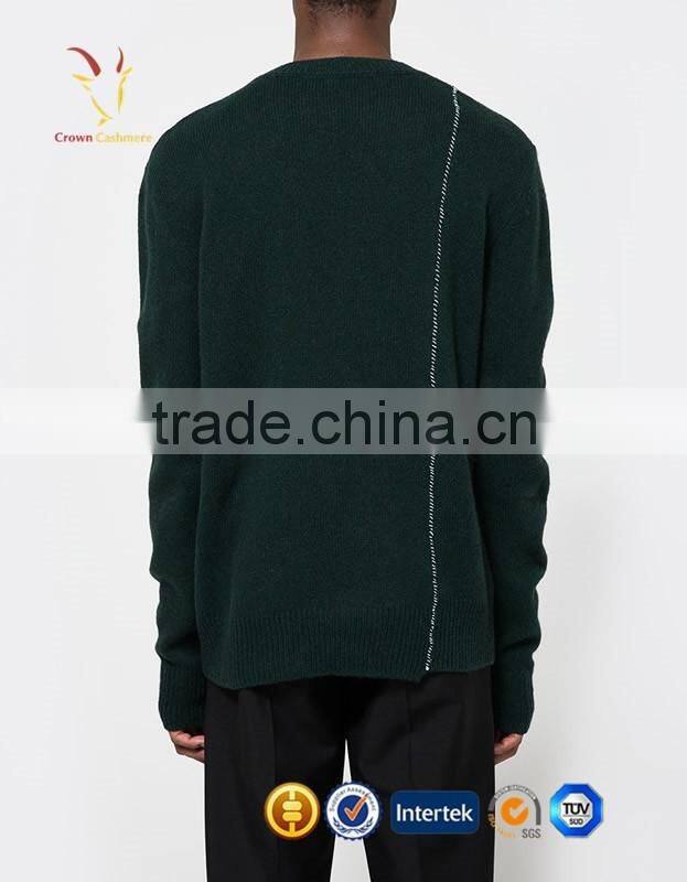 Men Pure Cashmere Green Knitted Jumpers Crew Neck Emboridery Sweaters