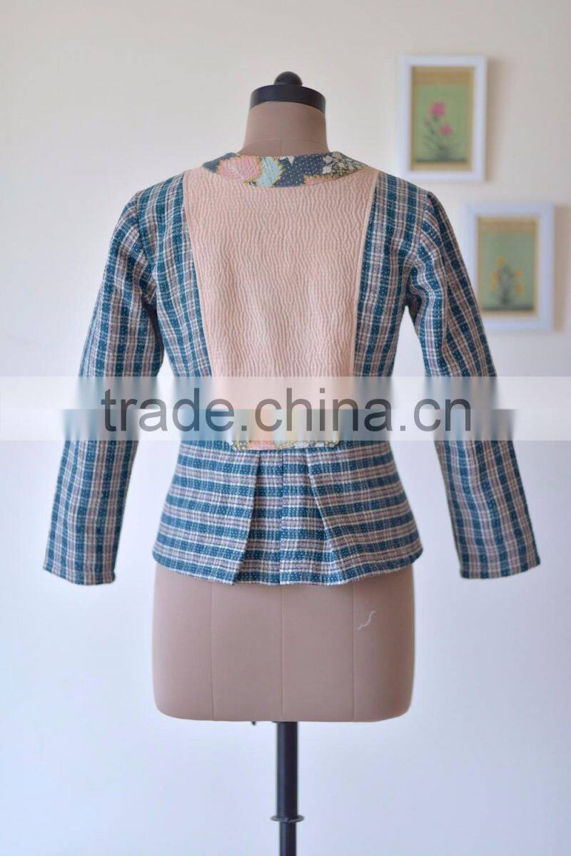 Handmade Boho Kantha Jacket in Plaid Print ~ Medium