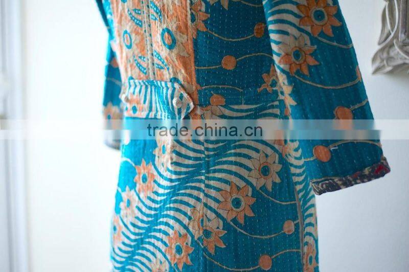 Vintage Kantha Long Accent Jacket in Turquoise & Orange ~ Medium