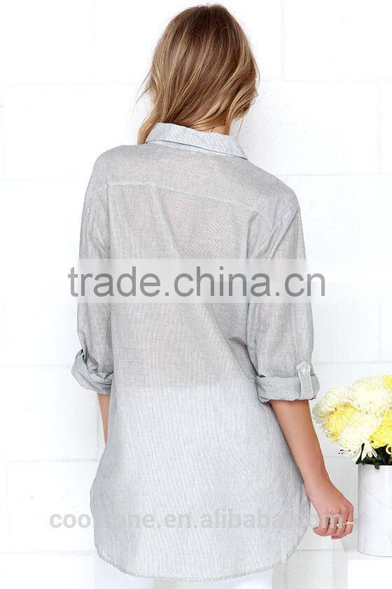 Loose short sleeve with pocket striped design lady blouse