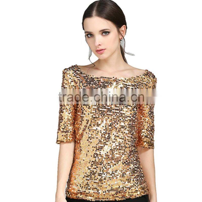 Womens sequin paillette detail golden hot gilrs tight shirt