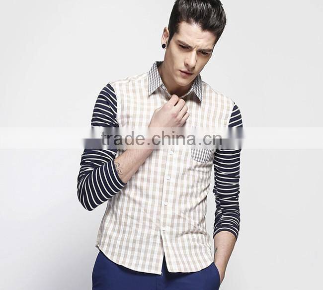 2016 khaki color men plaid linen shirt