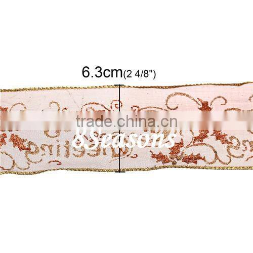 Brown Christmas Decoration Flower "Christmas Greeting" Pattern Organza Ribbon 6.3cm