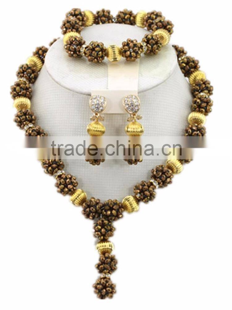 Gold-Plated Ball Crystal Beads Y shape Necklace African Jewelry Set