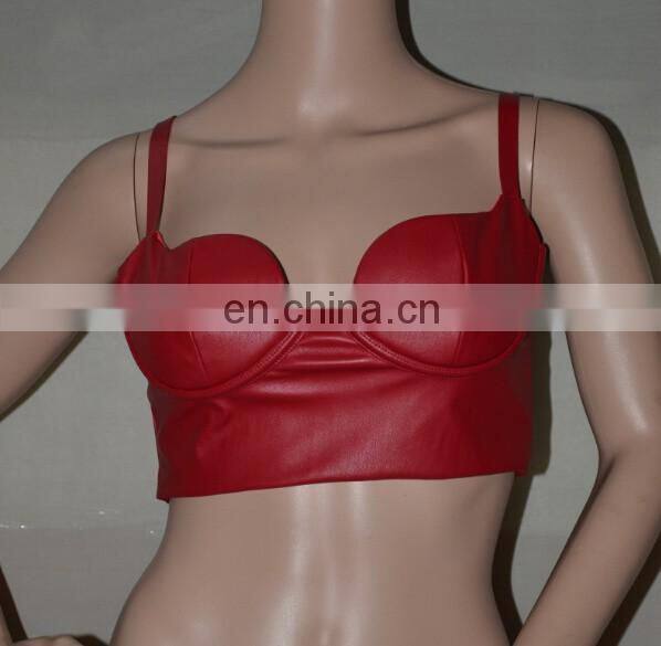 Amigo 2017 new design Black strap sexy leather crop top for big boobs women