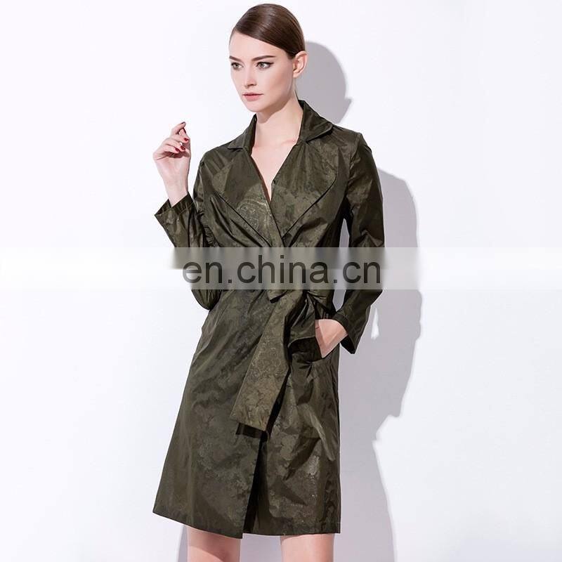 wholesale women clothing spring wear fashion lapel waist tie long sleeves jacquard cloth overknee trench coat