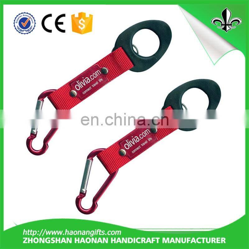 Factory custom cheap D-shaped aluminium carabiner keychain with short strap/carabiner strap
