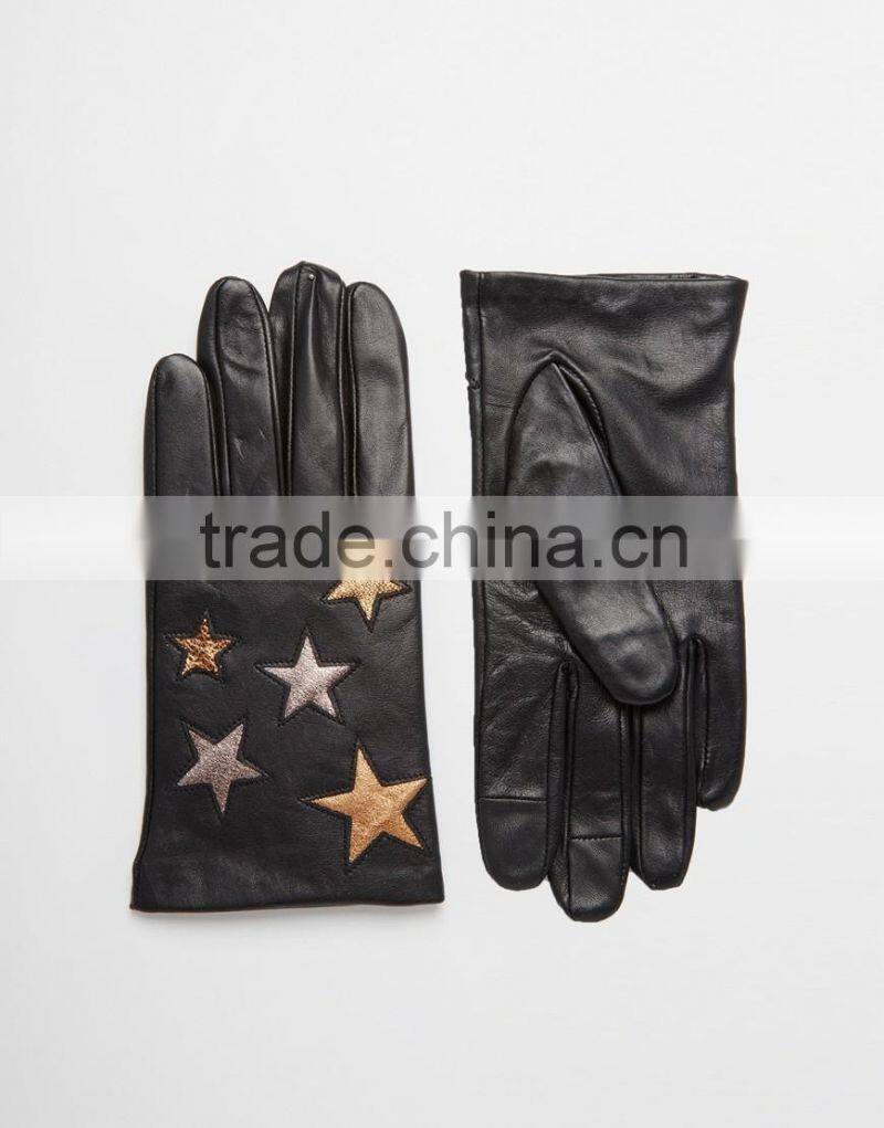 Leather gloves with star design and smartphone leather gloves