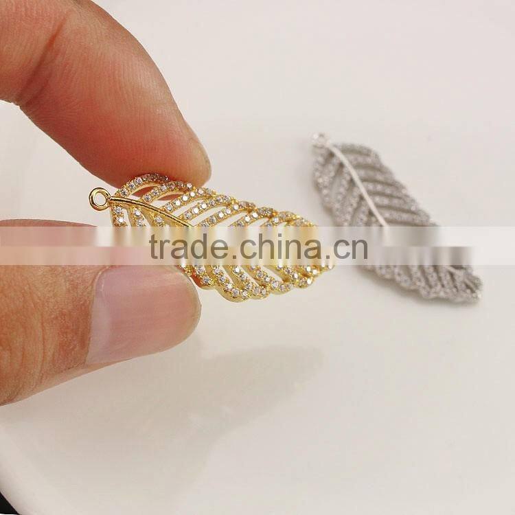 PC1603 Carved Ox Bone Leaf Feather Pendant with Crystal Zircon Pave, Long Textured Feather Necklace Pendant