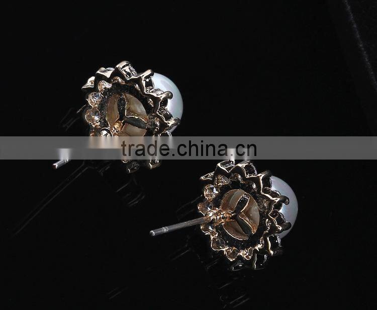 High Qulity Big Round Pearl WithZircon Gold Plated Stud Sterling-Silver-Jewelry Earrings Elegant Fashion Bijoux Jewelry