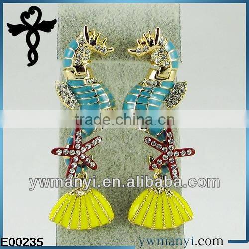 2014 new fashion ladies stud designs k gold enamel rhinestones starfish hippocampus earrings post in zinc alloy jewelry E00235