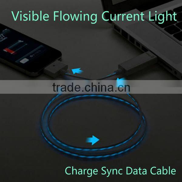 China mobile usb data cable visible flow led light usb charging sync cable for iPhone4