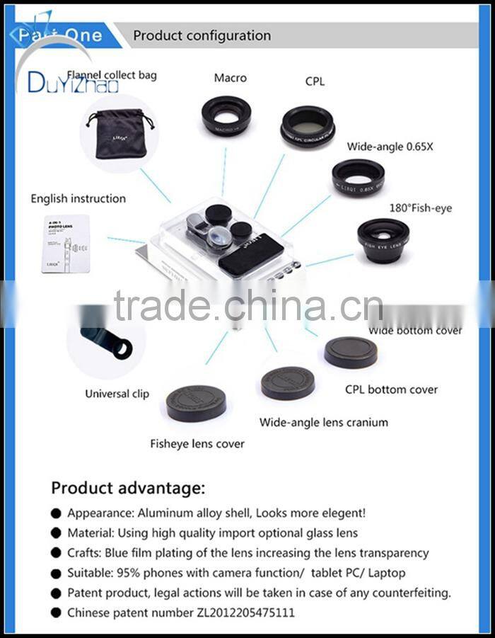 Wholesale mobile phone camera lens 4 in 1 fish eye lens, Macro,wide angle,CPL