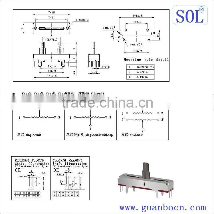 SOL-slide potentiometer(stereo) slide potentiometer with 6 pins