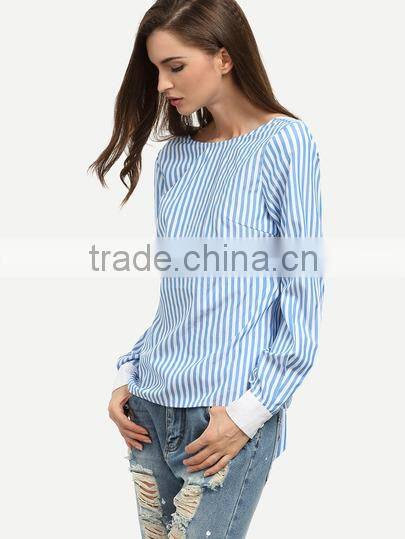 Blouses latest fashion design women clothing Blue Striped Tie Back Backless Long Sleeve Blouse