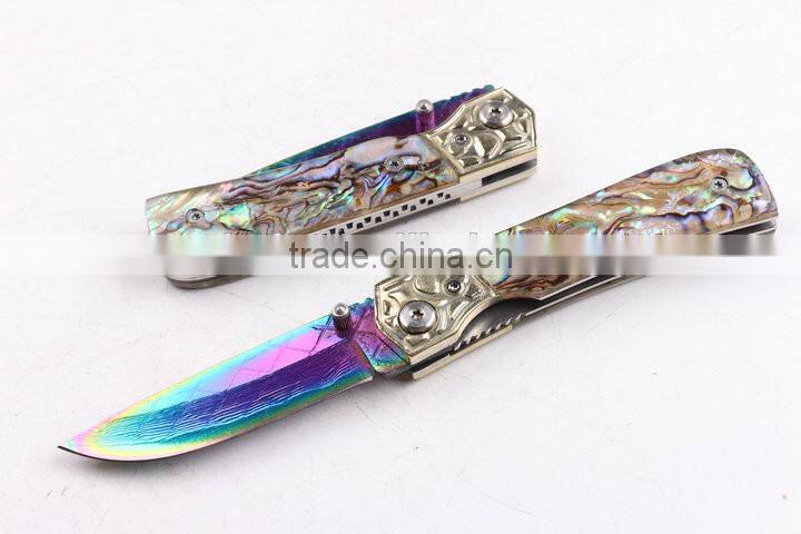 OEM Damascus blade material Silk color Abalone handle folding knife