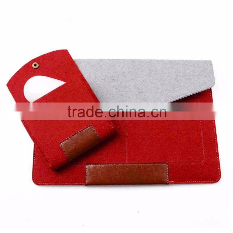2016 new hot selling wool felt+ PU laptop sleeve bags with mouse bag for apple Macbook air pro , pro retina 11" 13.3" 15.4"