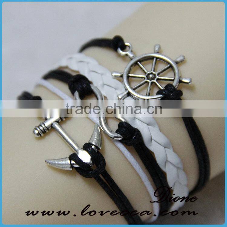 Cheap price on alibaba wholesale braided leather three layers anchor leather bracelet